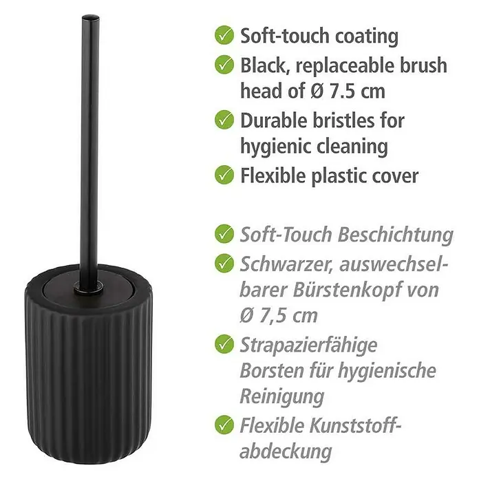 Wenko Belluno WC-Bürstengarnitur - Keramik, Schwarz - Schwarze WC-Garnitur mit Soft-Touch-Beschichtung, auswechselbarem Bürstenkopf (Ø 7,5 cm), strapazierfähigen Borsten und flexibler Kunststoffabdeckung.