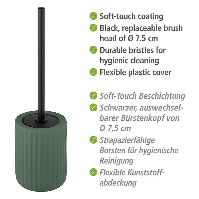 Wenko Belluno WC-Bürstengarnitur - Keramik, Grün - Toilettenbürste mit Soft-Touch-Beschichtung, schwarzem, auswechselbarem Bürstenkopf (Ø 7,5 cm), strapazierfähigen Borsten und flexiblem Kunststoffdeckel.