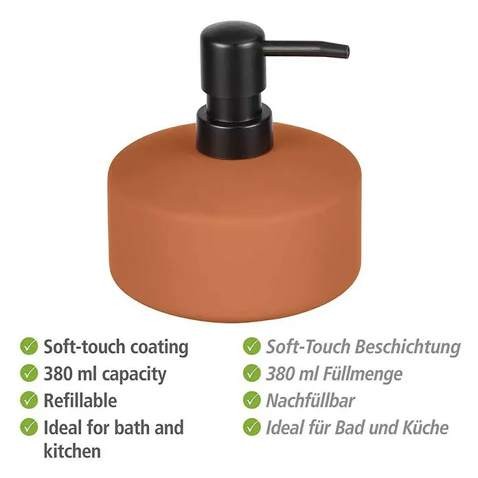 Wenko Seifenspender Avellino - Keramik, Terracotta - Brauner Seifenspender mit schwarzer Pumpe, ideal für Bad und Küche.