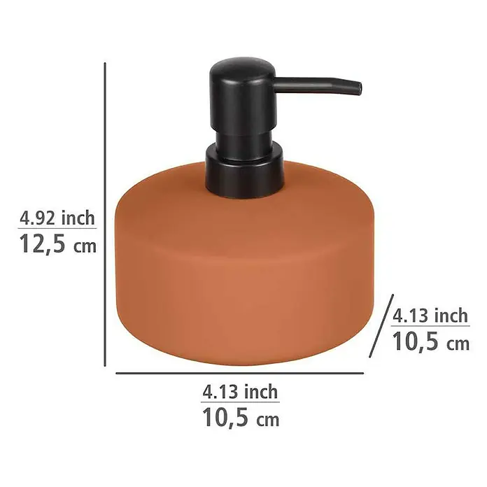 Wenko Seifenspender Avellino - Keramik, Terracotta - Bild einer braunen Seifenspender mit schwarzen Pumpe und Maßangaben.