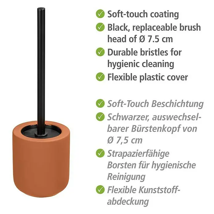Wenko WC-Bürstengarnitur Avellino - Keramik, Terracotta - Bild einer WC-Garnitur mit weicher Beschichtung, austauschbarem Bürstenkopf und flexibler Kunststoffabdeckung für hygienische Reinigung.