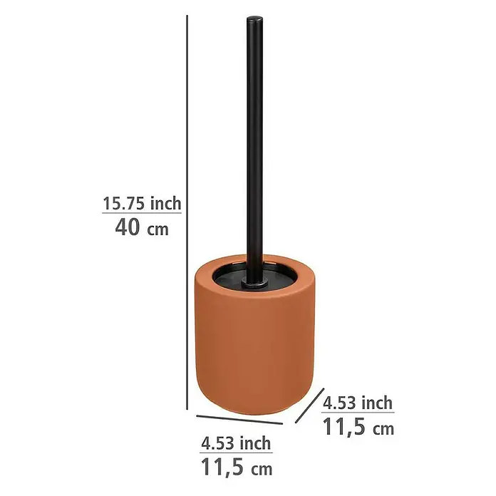 Wenko WC-Bürstengarnitur Avellino - Keramik, Terracotta - Detailaufnahme einer braunen Toilettenbürste mit schwarzen Griff und Maßangaben für Höhe und Durchmesser.