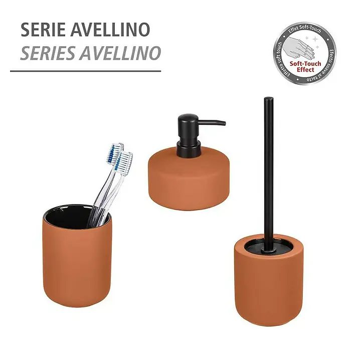 Wenko Seifenspender Avellino - Keramik, Terracotta - Serie Avellino Badezimmer-Set in Terrakotta mit Seifenspender, Zahnputzbecher und WC-Bürstenhalter.