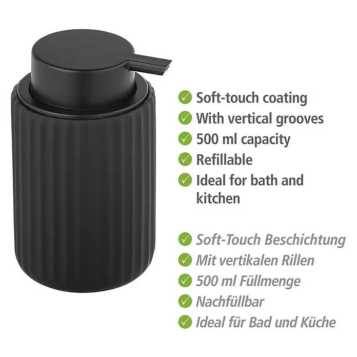 Wenko Belluno Seifenspender - Keramik, Schwarz - Schwarzer Seifenspender mit Soft-Touch-Oberfläche, vertikalen Rillen und einem Fassungsvermögen von 500 ml für Bad und Küche.