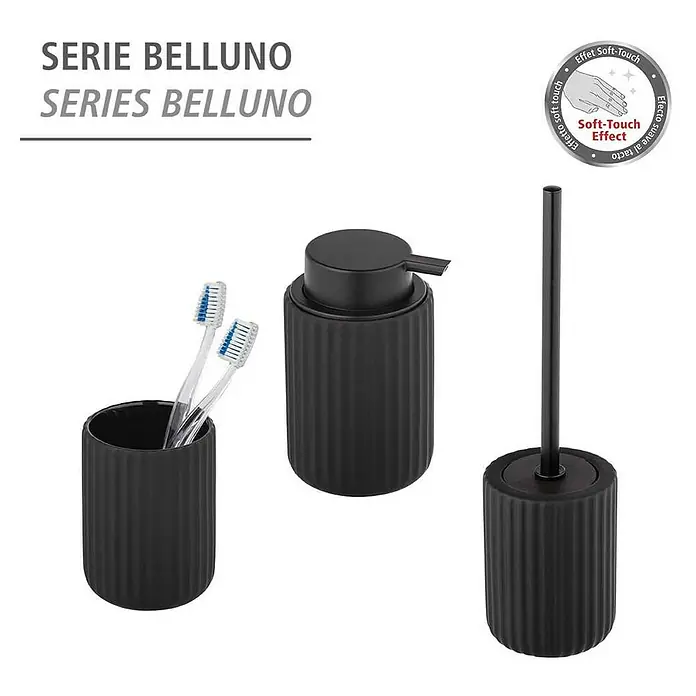 Wenko Belluno Seifenspender - Keramik, Schwarz - Drei Badaccessoires der Serie Belluno in Schwarz: Becher mit Zahnbürsten, Seifenspender und Toilettenbürste mit Halter.