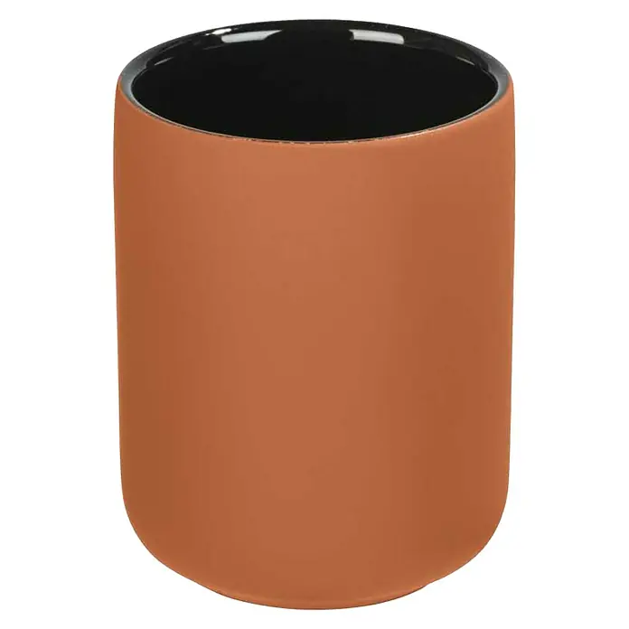 Wenko Zahnputzbecher Avellino - Keramik, Terracotta - Nahaufnahme eines terrakottafarbenen Bechers mit schwarzer Innenseite, der sich ideal für Büro oder Zuhause eignet.
