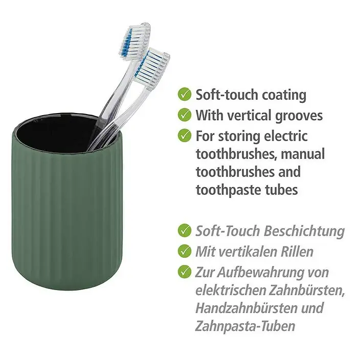 Wenko Belluno Zahnputzbecher - Durchmesser: 8 cm, Keramik, Grün - Zahnbürstenhalter aus grünem Kunststoff mit Rillen und zwei Zahnbürsten. Ideal für die Aufbewahrung von Zahnbürsten und Zahnpastatuben.