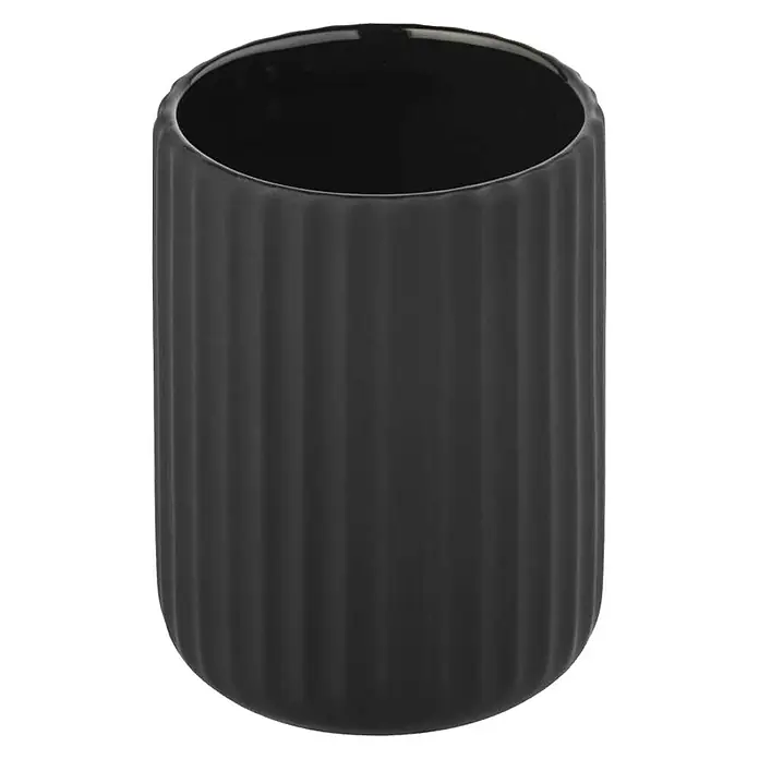 Wenko Belluno ZahnputzbecherKeramik, Schwarz - Ein stilvoller, gerippter, schwarzer Keramikbecher, der sich ideal für Badezimmer oder als dekoratives Element eignet.\n