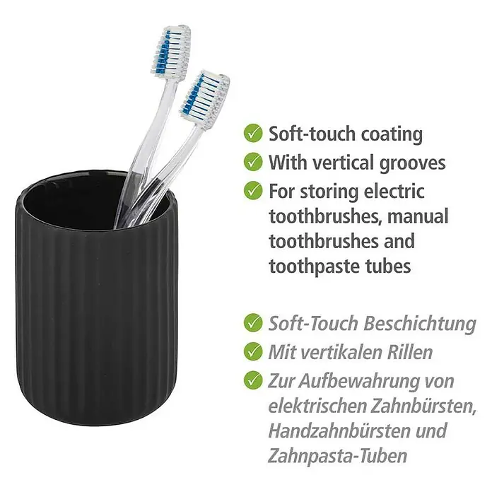Wenko Belluno Zahnputzbecher - Durchmesser: 8 cm, Keramik, Schwarz - Zahnbürstenhalter mit weicher Beschichtung und vertikalen Rillen zur Aufbewahrung von Zahnbürsten und Zahnpastatuben.