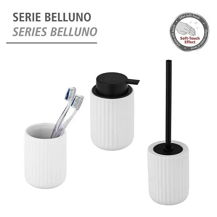 Wenko Belluno Seifenspender - Keramik, Weiß - Elegantes Badezimmer-Set "Serie Belluno" mit Seifenspender, Zahnputzbecher und WC-Garnitur in stilvollem Weiß und Schwarz.