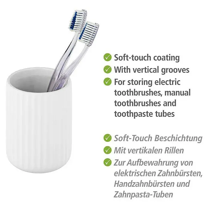 Wenko Belluno Zahnputzbecher - Keramik, Weiß - Zahnbürstenhalter mit zwei Zahnbürsten. Der Halter hat eine Soft-Touch-Beschichtung und vertikale Rillen. Für elektrische und Handzahnbürsten.