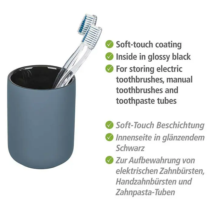 Wenko Zahnputzbecher Avellino - Keramik, Blau - Zahnputzbecher mit Soft-Touch-Beschichtung zur Aufbewahrung von Zahnbürsten und Zahnpasta-Tuben. Innen glänzend schwarz.