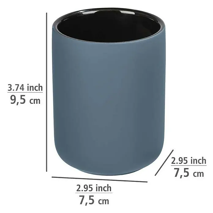 Wenko Zahnputzbecher Avellino - Keramik, Blau - Bild eines grauen Keramikbechers mit den Maßen 9,5 cm Höhe und 7,5 cm Durchmesser.