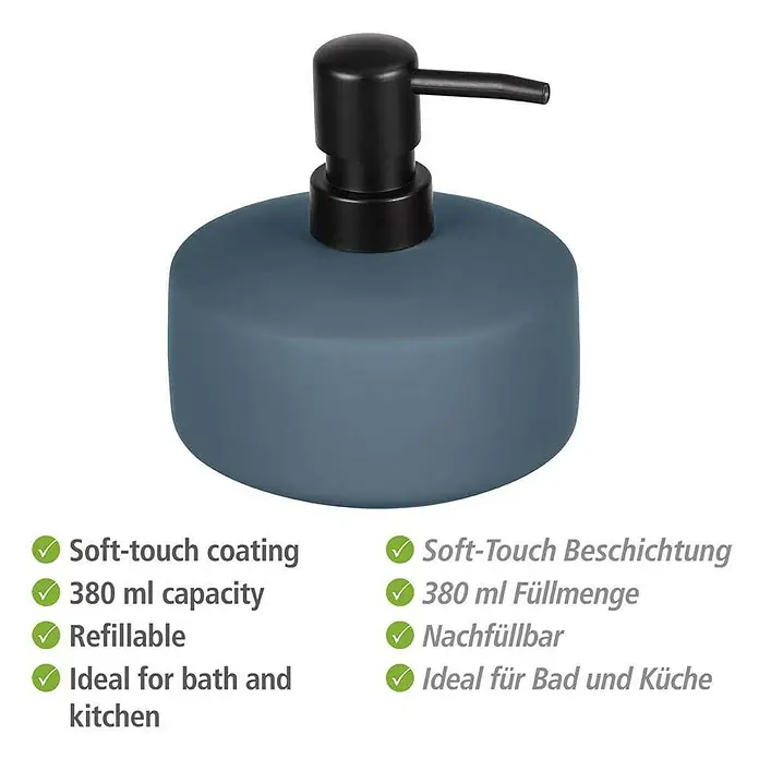Wenko Seifenspender Avellino - Keramik, Blau - Seifenspender aus Keramik mit Soft-Touch-Oberfläche, 380 ml Fassungsvermögen, nachfüllbar und ideal für Bad und Küche.