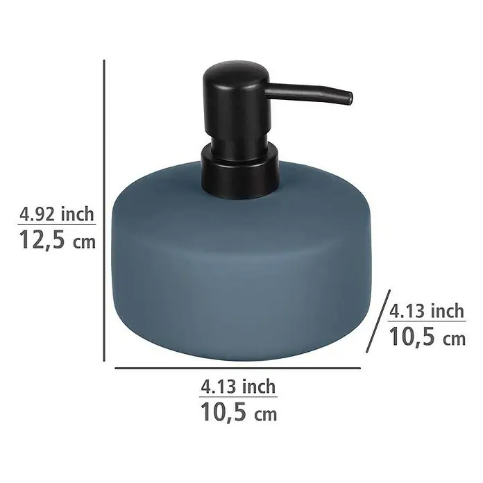 Wenko Seifenspender Avellino - Keramik, Blau - Seifenspender in Grau mit den Maßen 12,5 cm Höhe und 10,5 cm Durchmesser für Badezimmer oder Küche.