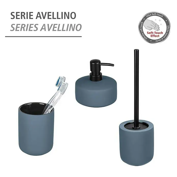 Wenko Seifenspender Avellino - Keramik, Blau - Avellino Badezimmer-Set in sanftem Blaugrau mit Zahnbürstenhalter, Seifenspender und Toilettenbürste.