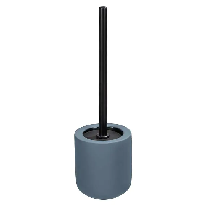 Wenko WC-Bürstengarnitur AvellinoKeramik, Blau - Eine graublaue Toilettenbürste mit schwarzem Griff steht vor einem schwarzen Hintergrund. Das Produkt ist schlicht und elegant.