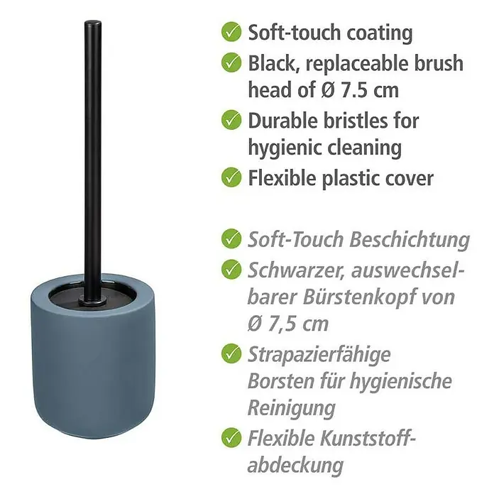 Wenko WC-Bürstengarnitur Avellino - Keramik, Blau - Abbildung einer grauen WC-Garnitur mit schwarzem Griff und den Produktmerkmalen auf Deutsch und Englisch.