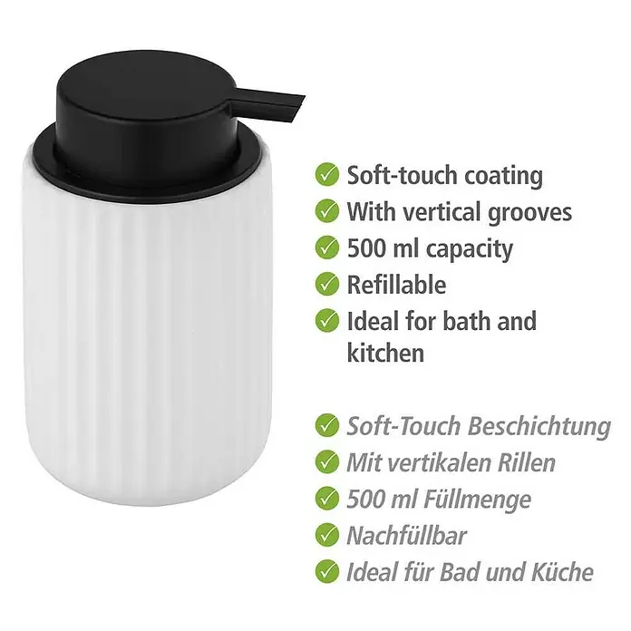 Wenko Belluno Seifenspender - Keramik, Weiß - Seifenspender mit Soft-Touch-Oberfläche, vertikalen Rillen und 500 ml Fassungsvermögen, nachfüllbar und ideal für Bad und Küche.