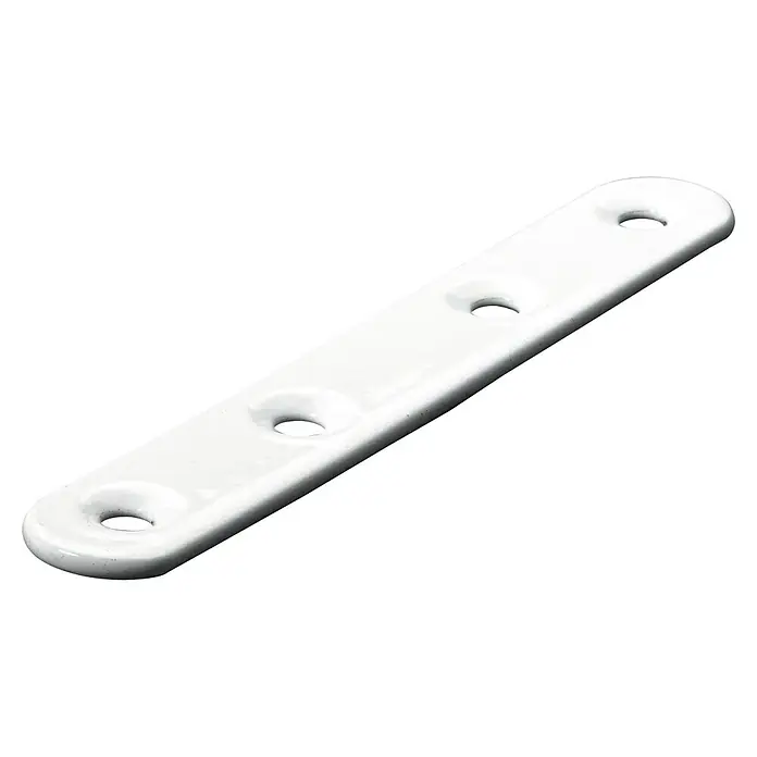 Hettich Verbindungsblech - L x B x S: 100 x 15 x 2 mm, Weiß, Gesamtstückzahl: 1 Stk. - Detailaufnahme einer weißen, flachen Verbindungsplatte mit vier Löchern, die auf einem schwarzen Hintergrund liegt.