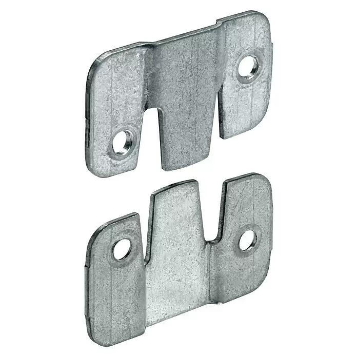 Hettich Flachverbinder - L x B: 27 x 44 mm, Verzinkt, 4 Stk. - Zwei silber-graue verzinkte Metall-Bilderhaken mit ineinandergreifenden Kerben und Schraubenlöchern.