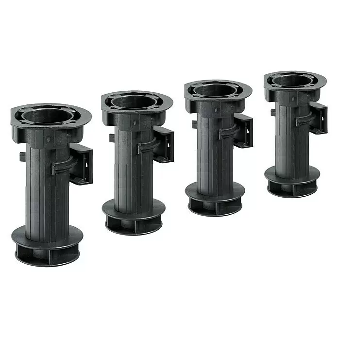 Hettich Sockelverstellfuß - Traglast: 200 kg, Verstellbar: 150 mm - 170 mm, 4 Stk. - Vier schwarze, verstellbare Kunststoff-Stützpfeiler mit Befestigungsklammern.