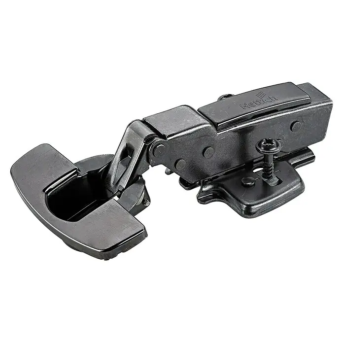 Hettich Topfscharnier - Anschlagart: Mittelanschlag, Durchmesser Topf: 35 mm, Öffnungswinkel: 0 ° - 110 °, Schwarz - Nahaufnahme eines schwarzen Hettich-Scharniers, das ein hochwertiges und langlebiges Design für Schränke zeigt.