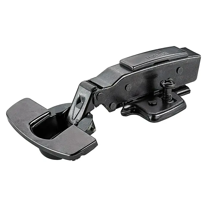 Hettich TopfscharnierAnschlagart: Vorliegend, Durchmesser Topf: 35 mm, Öffnungswinkel: 0 ° - 110 °, Schwarz - Scharnierbeschlag von Hettich in dunkler Ausführung, ideal für Möbel. Präzise gefertigt für zuverlässige Funktion und elegante Ästhetik.