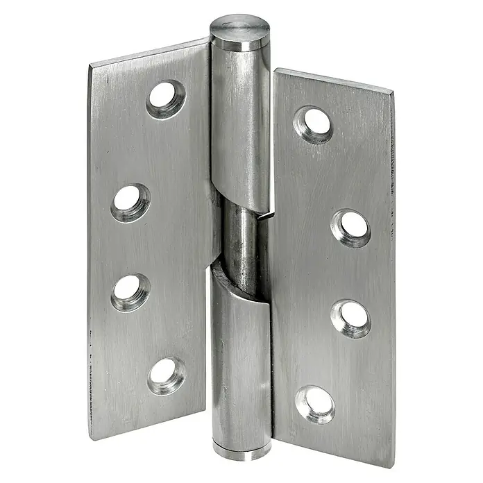 Hettich Türscharnier - B x H: 75 x 100 mm, Edelstahl, DIN Anschlag: DIN-R - Nahaufnahme eines robusten Türscharniers aus Edelstahl mit präzisen Bohrungen, das Stabilität und Funktionalität vereint.
