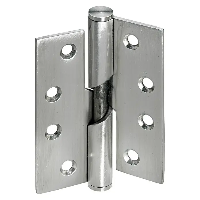 Hettich Türscharnier - B x H: 75 x 100 mm, Edelstahl, DIN Anschlag: DIN-L - Nahaufnahme eines polierten Edelstahl-Türbands, das durch seine zylindrische Form und die Schraubenlöcher auf den Flügeln besticht.
