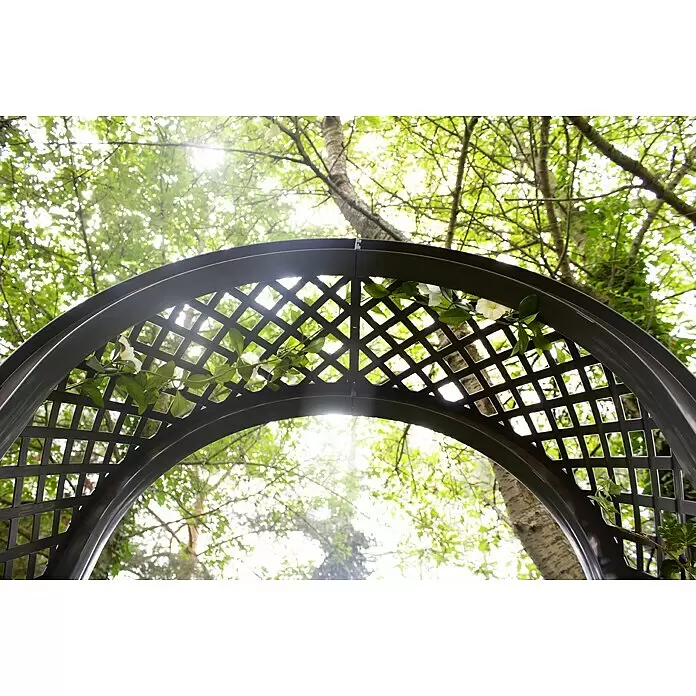 KHW Rosenbogen - Anthrazit, 100 x 43 x 207 cm - Dunkler Metall-Gartenbogen mit Gitter, verziert mit weißen Blumen und Blättern, unter sonnenbeschienenen Bäumen.