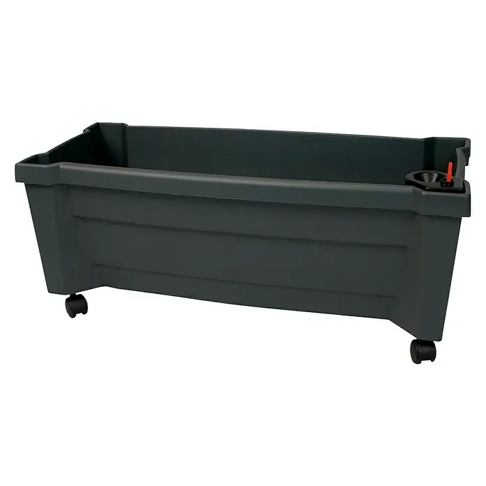 KHW Pflanzkasten Calypso - Außenmaß (L x B x H): 79 x 35 x 33 cm, Kunststoff, Anthrazit, Ohne Rankgitter - Schwarzer Pflanzkasten mit Rollen für den einfachen Transport und einer praktischen Wasserstandsanzeige für die Bewässerung.