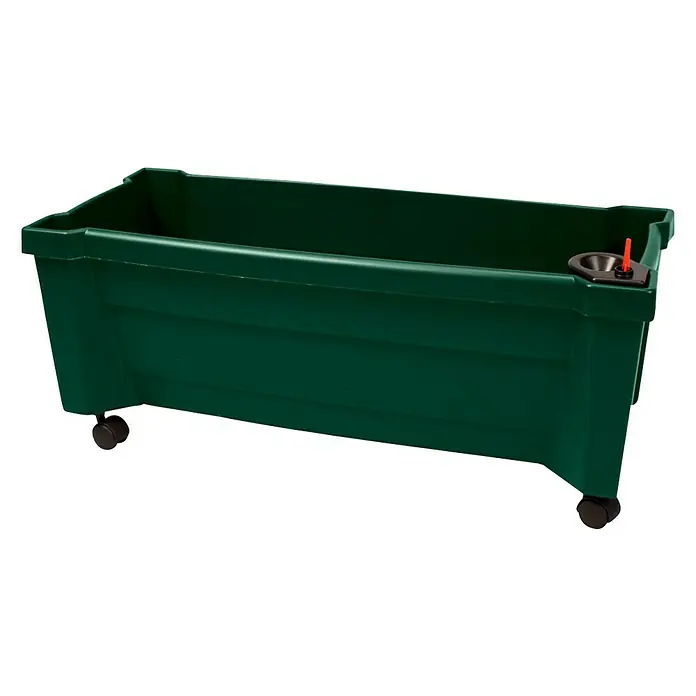 KHW Pflanzkasten Calypso - Außenmaß (L x B x H): 79 x 35 x 33 cm, Kunststoff, Grün, Ohne Rankgitter - Grüner Pflanzkasten mit Rädern und Wasserstandsanzeiger für Garten und Terrasse. Ideal für Gemüse, Blumen und Kräuter.