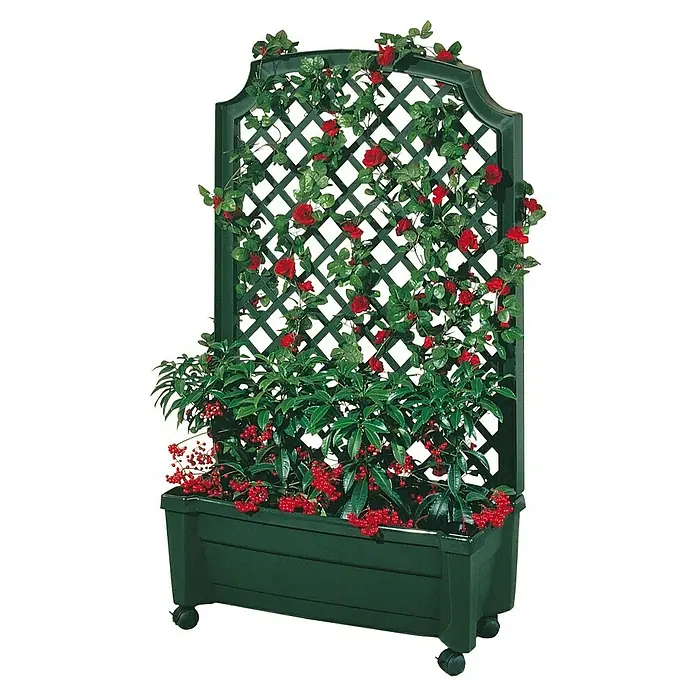 KHW Pflanzkasten Calypso - Außenmaß (L x B x H): 79 x 35 x 134 cm, Kunststoff, Grün, Mit Rankgitter - Der Pflanzkasten mit Rankgitter ist eine dekorative Möglichkeit, Pflanzen in Ihrem Garten oder auf Ihrem Balkon zu präsentieren.