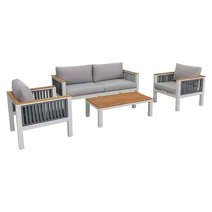 Sunfun Conjunto de muebles Samay - 4 pzs., Aluminio/Cuerda sintética, Gris/Blanco - Juego de muebles de jardín con sofá, dos sillones y mesa de centro. El conjunto tiene marcos blancos, cojines grises y tablero de madera.