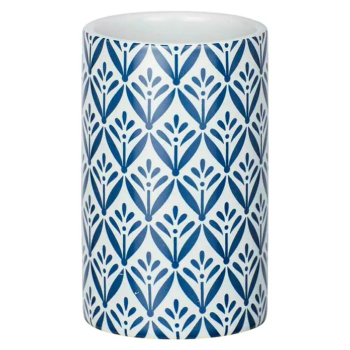 Wenko Zahnputzbecher Lorca - Keramik, Blau/ Weiß - Keramik-Zylinder mit blau-weißem Blätterdesign, ein dekoratives und stilvolles Accessoire für jedes Zuhause.