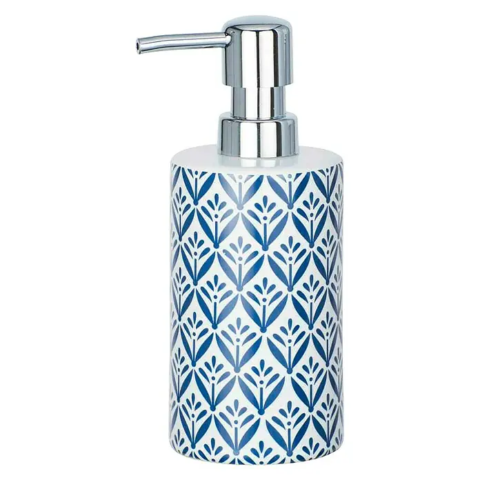 Wenko Seifenspender Lorca - Keramik, Blau/ Weiß - Elegante Seifenpumpe mit blau-weißem Muster und Chrom-Pumpe. Der ideale Spender für Seife und Lotion im Badezimmer. Stilvolles Design für Ihr Bad.