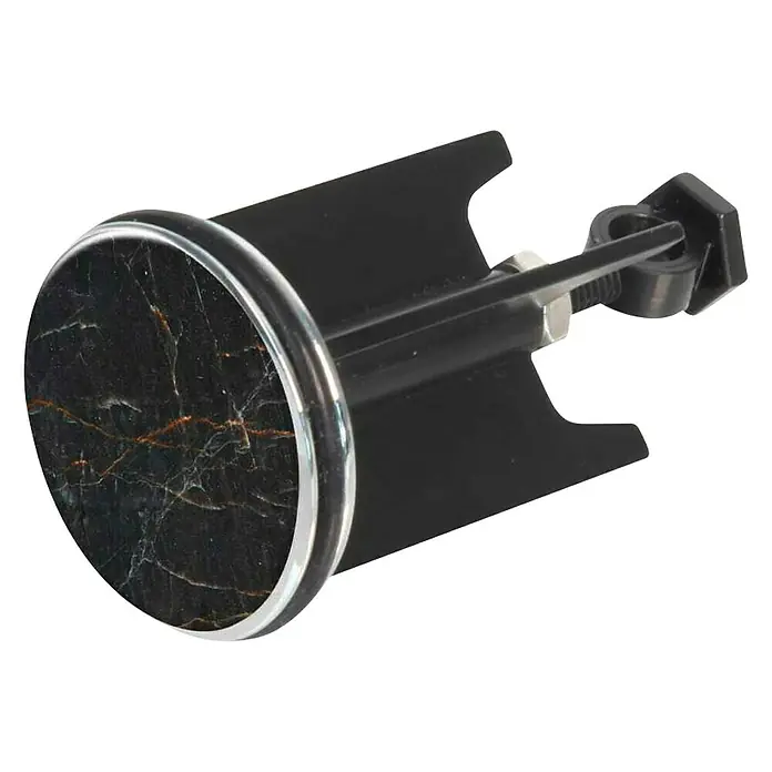 Wenko Excenterstopfen MarbleMarmor, Durchmesser: 3,9 cm - Ein schwarzer Ablaufstöpsel mit einer runden Abdeckung mit Marmormuster und silbernem Rand für Waschbecken oder Badewannen.