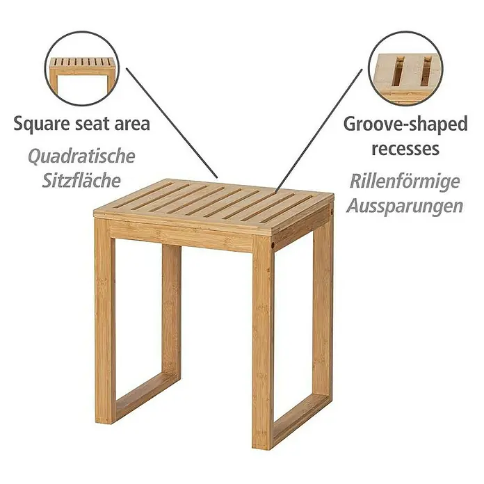 Wenko Bambusa Badhocker - B x H: 40 x 30 cm, Bambus - Holzfarbener Hocker mit quadratischer Sitzfläche und rillenförmigen Aussparungen für Bad oder Wohnbereich.