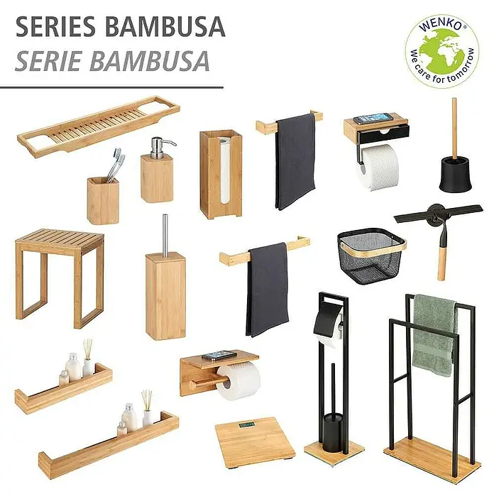 Wenko Bambusa Badhocker - B x H: 40 x 30 cm, Bambus - Serie Bambusa Badezimmeraccessoires von Wenko. Das Set beinhaltet natürliche Bambus- und moderne Elemente für ein stilvolles Badezimmerdesign.
