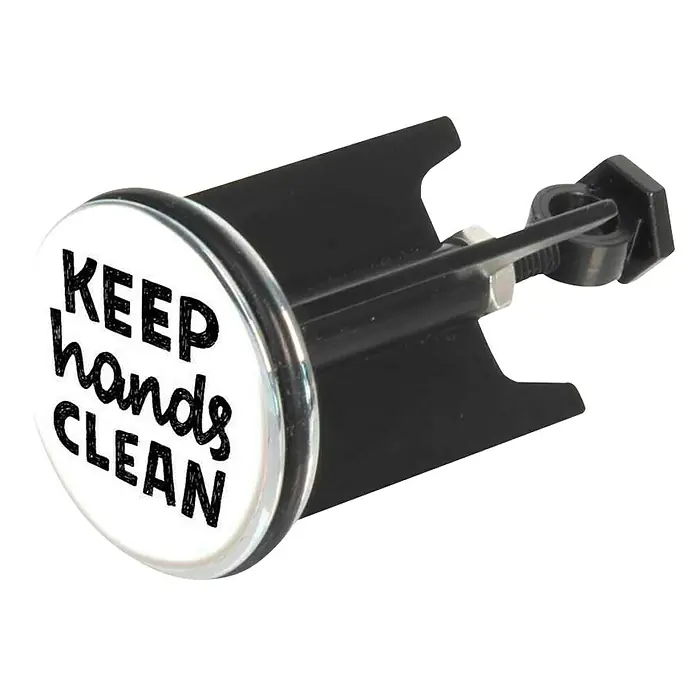 Wenko Excenterstopfen Keep Clean - Keep hands clean, Durchmesser: 3,9 cm - Waschbeckenstöpsel mit Aufschrift "Keep Hands Clean" in Schwarz-Weiß mit glänzender Chromumrandung.