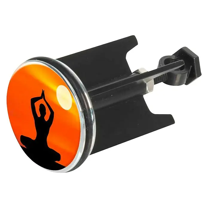 Wenko Excenterstopfen Arrebol - Meditation, Durchmesser: 3,9 cm - Detaillierte Ansicht eines Waschbeckenstöpsels mit einem orangefarbenen Yoga-Motiv, ideal für Badezimmer mit Wellness-Thema.