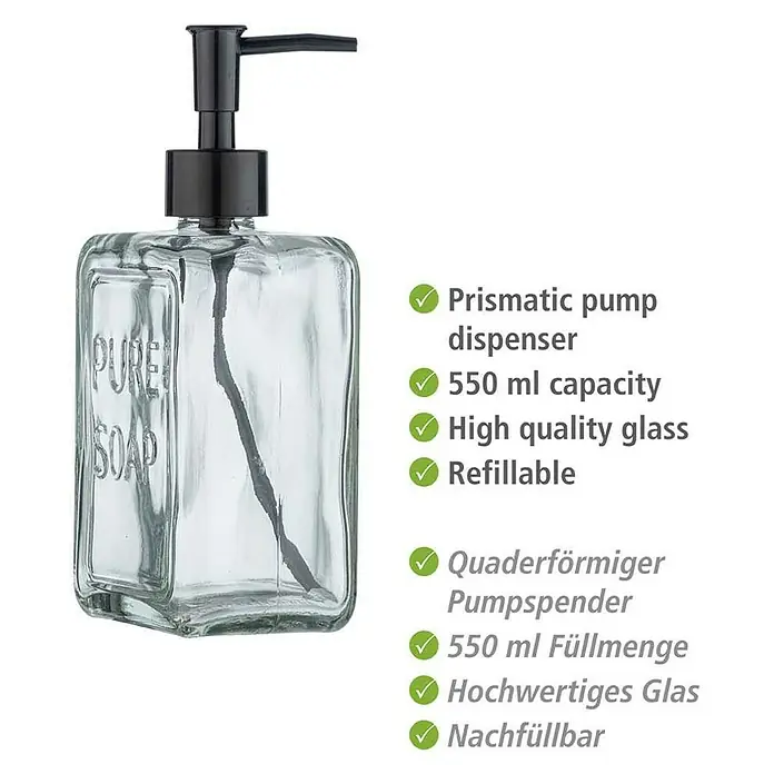 Wenko Seifenspender Pure Soap - Glas, Transparent - Glasseifenspender mit prismatischem Pumpkopf und 550 ml Fassungsvermögen, nachfüllbar.