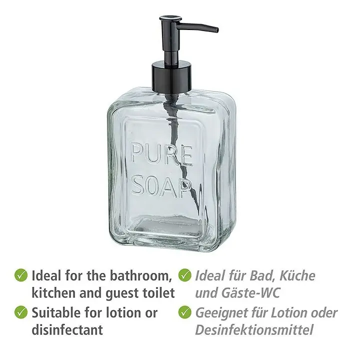 Wenko Seifenspender Pure Soap - Glas, Transparent - Rechteckiger, transparenter Seifenspender mit schwarzem Pumpkopf für Bad, Küche oder Gäste-WC. Ideal für Seife, Lotion oder Desinfektionsmittel.