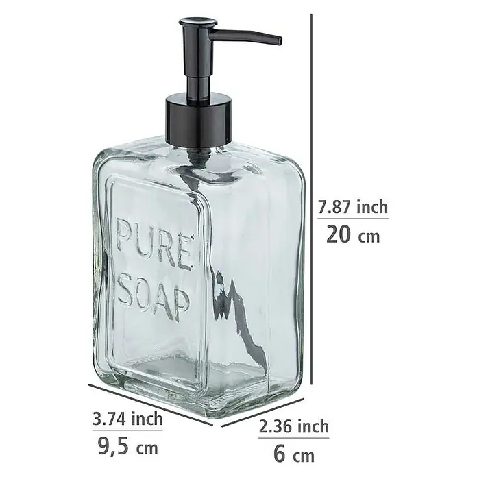 Wenko Seifenspender Pure Soap - Glas, Transparent - Seifenspender aus Klarglas mit schwarzer Pumpe. Auf der Vorderseite des Spenders befindet sich die Aufschrift "Pure Soap". Inklusive Maßangaben.