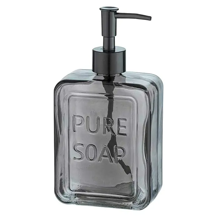 Wenko Seifenspender Pure Soap - Glas, Grau - Grauer "Pure Soap" Seifenspender mit schwarzer Pumpe, ideal für Badezimmer oder Küche, stilvoll und praktisch.