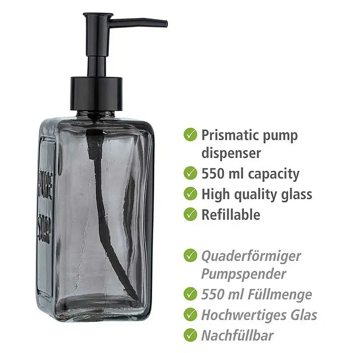 Wenko Seifenspender Pure Soap - Glas, Grau - Seifenspender aus Glas mit prismatischer Pumpe. Der Behälter ist nachfüllbar und hat ein Fassungsvermögen von 550 ml.