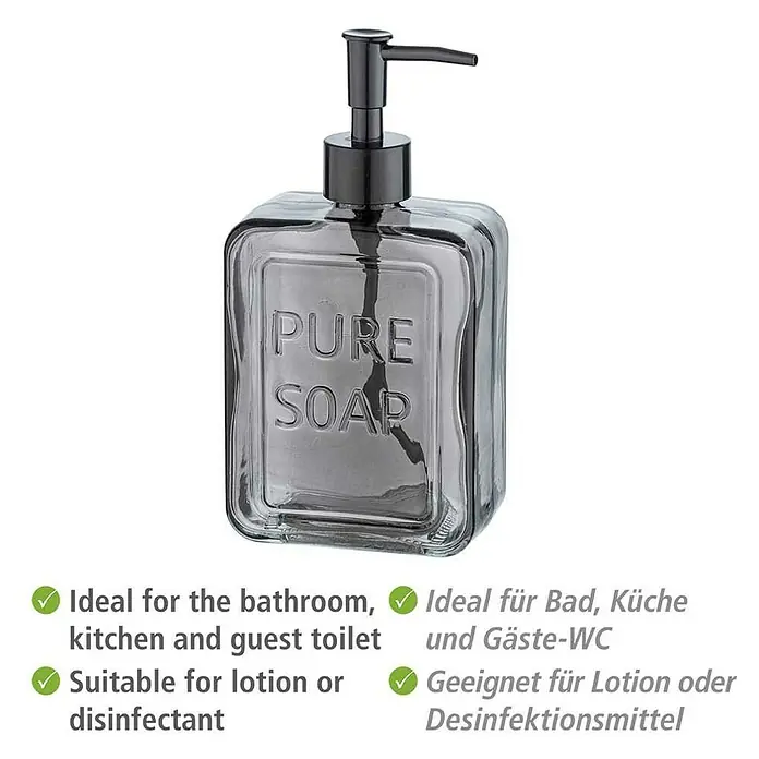 Wenko Seifenspender Pure Soap - Glas, Grau - Seifenspender: Eleganter, grauer Glasseifenspender mit schwarzer Pumpe für Bad, Küche oder Gäste-WC. Geeignet für Lotion und Desinfektionsmittel.