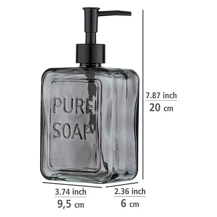 Wenko Seifenspender Pure Soap - Glas, Grau - Abmessungen eines grauen Glasseifenspenders mit schwarzem Pumpkopf und Aufschrift "Pure Soap" auf der Vorderseite.
