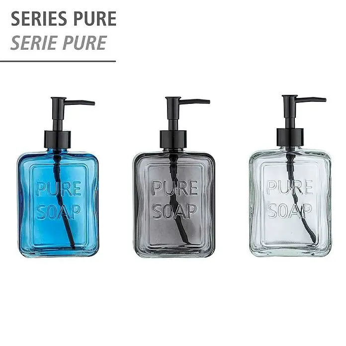 Wenko Seifenspender Pure Soap - Glas, Grau - Drei Glasseifenspender der Serie Pure in Blau, Grau und Klar mit schwarzen Pumpenköpfen für Badezimmer oder Küche.